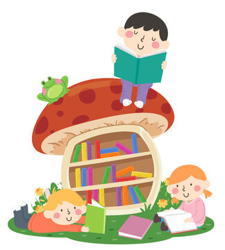 Kids Read Mushroom Bookshelf Outdoors Illustration