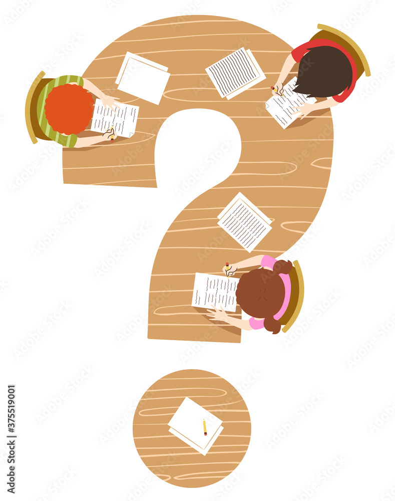 Poster kids writing question mark table illustration