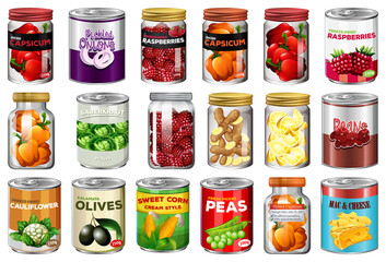 Set of different canned food and food in jars isolated
