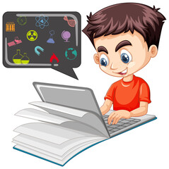 Boy searching on laptop with education icon isolated