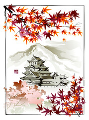 Japanese palace on the background of mountains and maple branches. Vector illustration in traditional oriental style. Hieroglyphs - Quiet harmony.