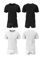 Men's sportswear in black and white, front and back view. T-shirt and shorts. Sports uniform. 3d realistic illustration of the template, mock up isolated on a white background.
