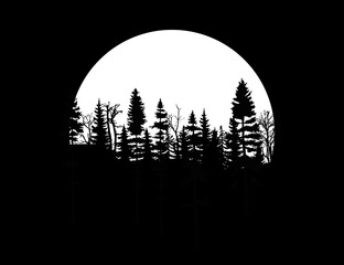 moon and tree.night sky with full moon, stars and silhouette of pine trees.Vector night landscape. Stars, moon, panorama, gloomy forest.
