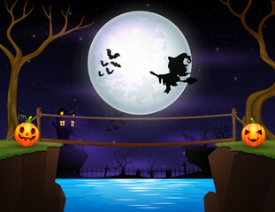 Silhouette of a witch flying on the halloween night