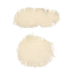 Round and oval pieces, scraps of the old fabric of their canvas. The patch, cloth, garbage, dry waste, scraps of clothing. Texture background fabric in beige color isolated on a white background.