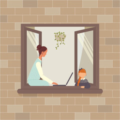 Woman stay at home during epidemic.Remote work during quarantine due to a virus. Working mom in beautiful pajamas works on a laptop sitting on open window near daughter.Raster colourful illustration