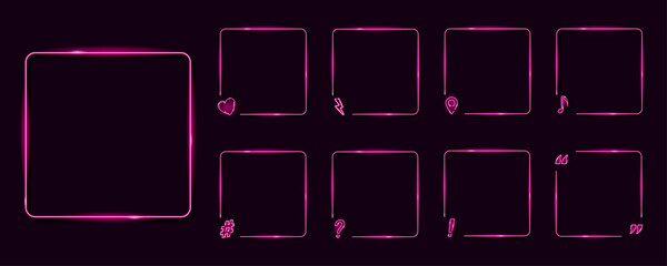 Set of neon frames on dark background. Question mark, musical note, geo location pin, hash tag, exclamation, quotes marks, lightning bolt, heart. Square textplace template. Vector 10 EPS illustration.