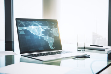 Abstract digital world map with connections on modern computer monitor, big data and blockchain concept. 3D Rendering