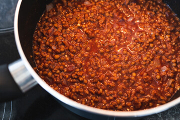 plant-based food,  vegan lentil and textured vegetable protein ragu sauce in pot on kitchen stovetop