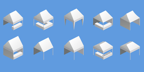 Set canopy tent trade event isometry, folding promotional outdoor advertising show pop-up © hadeev