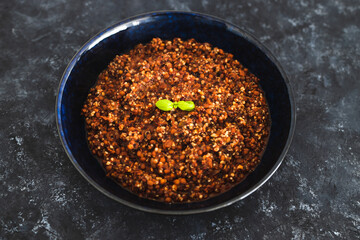 plant-based food, vegan lentil and textured vegetable protein ragu with quinoa