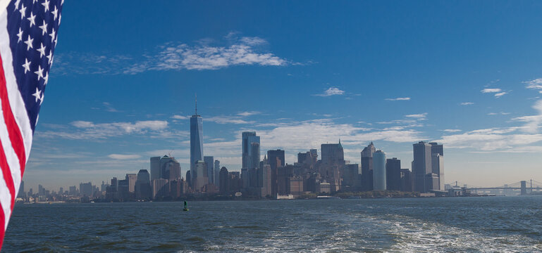 Skyline of manhattan  With Flag