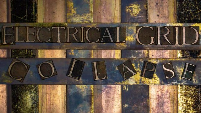 Electrical Grid Collapse animated digital glitch text formed with real authentic typeset letters on vintage textured silver grunge copper and gold background