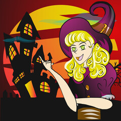 witch  and  dark castle vector image for halloween content.