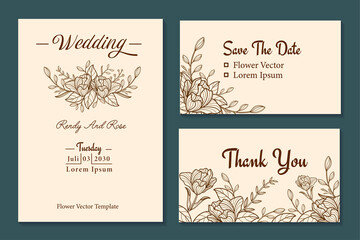 gold flower line art Wedding invitation set design