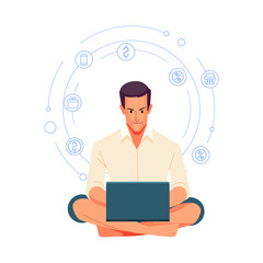 Working at home. People at home in quarantine. Smiling man using laptop at home in living room. Happy mature businessman send email and working at home. Cartoon, flat style vector illustration