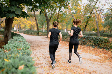 Fototapeta premium A couple of women running outside trought the park