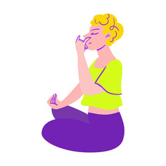 The girl is doing pranayama. Rest and relaxation. Beauty, care, hygiene concept clipart. Vector. Flat style.