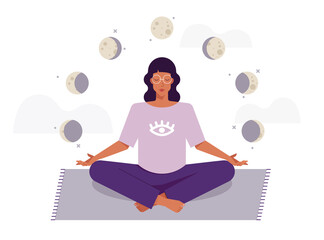 Colorful illustration with woman siting in yoga lotus pose. Practicing yoga and holding the moon stages. Young and happy girl meditates. Soft, pastel colors.