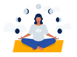 Colorful illustration with woman siting in yoga lotus pose. Practicing yoga and holding the moon stages. Young and happy girl meditates.