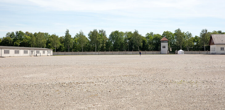 Dachau, Germany - July 13, 2020: Dachau concentration camp, the first concentration camp in Germany during World War II, historic buildings and outdoor.