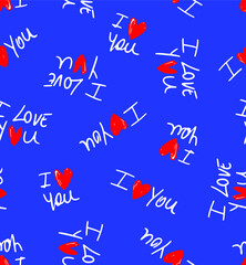 Hand Writing I Love You Text with Red Hearts Repeating Vector Pattern Isolated Background