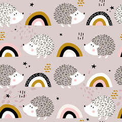 Hedgehogs, hand drawn backdrop. Colorful seamless pattern with animals, rainbow. Decorative cute wallpaper, good for printing. Overlapping colored background vector. Design illustration - 375525888