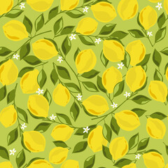 Lemons background. Hand drawn overlapping backdrop. Colorful wallpaper vector. Seamless pattern with fruits, flowers. Decorative illustration, good for printing - 375525892