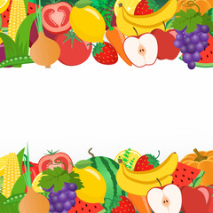 Vegetables and fruits in a frame. Watermelon, pumpkin, carrot, tomato, apple, onion, eggplant, banana, strawberry, beet, pepper, corn, peas, kiwi, lemon, grapes  Vector illustration