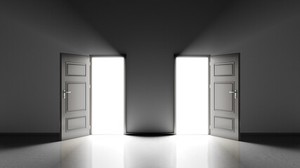 Two open doors with beam of lights shining through