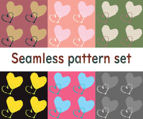 手描きクレヨンハートのシームレスパターンセット