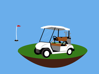 Flat icon golf cart, golf course with flag ,