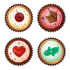 Set of vector cupcakes with cherries, chocolate, strawberries and mint. Top view flat icon.