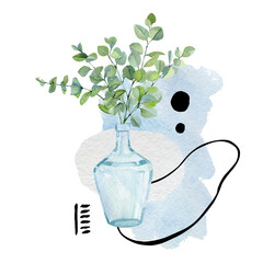 Watercolor eucalyptus garland. Abstract watercolor greenery composotion green house plant and doodle shape for textile print, moodboard, poster, greeting card, kitchen room poster.