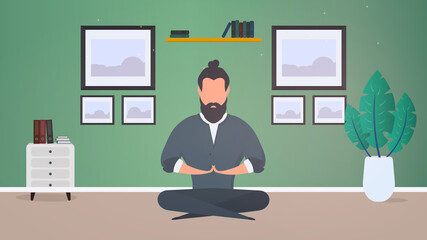 Businessman meditates in the office. a man doing yoga. Relaxation, meditation, yoga and rest from work concept. Vector.