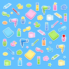 Bathroom elements isolated - Hygiene accessories for kids - Daily routine - Blue background