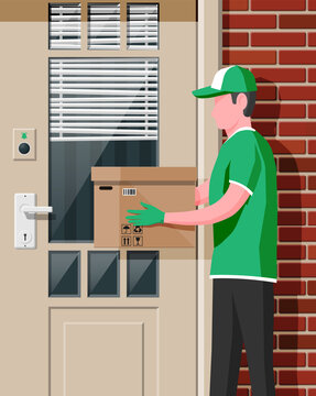 Man left cardboard boxes with goods near house facade. Courier character holds parcel. Carton delivery packaging closed box with fragile signs. Free and fast shipping. Cartoon flat vector illustration