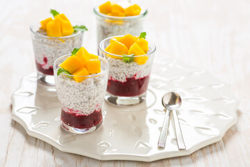 Chia seed pudding with yogurt, raspberry mousse and fresh mango