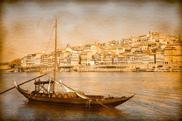 Typical portuguese boats used in the past to transport the famous port wine- Vintage and Retro...