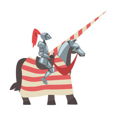 Medieval Knight on Horseback with Spear, Chivalry Warrior Character in Full Metal Body Armor with Shield and Sword Cartoon Style Vector Illustration