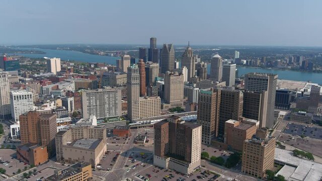 High angle aerial shot of downtown Detroit. This video was filmed in 4k for best image quality.