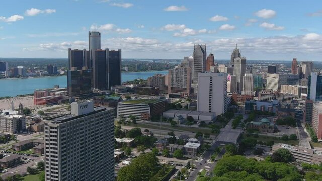 High angle aerial shot of downtown Detroit. This video was filmed in 4k for best image quality.