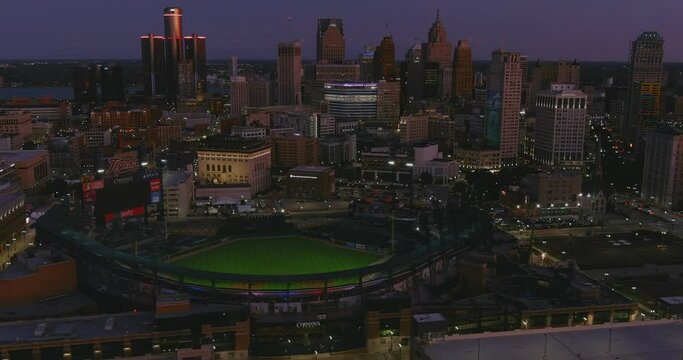 Aerial view of downtown Detroit at night. This video was filmed in 4k for best image quality.