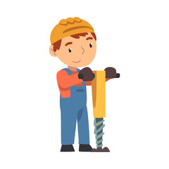 Boy Construction Worker with Pneumatic Plunger, Cute Little Builder Character Wearing Blue Overalls and Hard Hat with Professional Tool Cartoon Style Vector Illustration