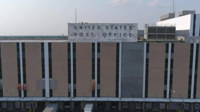 Aerial view of the main United States Post office in near downtown Detroit. This video was filmed in 4k for best image quality.