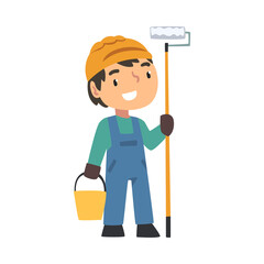 Boy Construction Worker with Bucket and Paint Roller, Cute Little Builder Character Wearing Blue Overalls and Hard Hat with Professional Tools Cartoon Style Vector Illustration
