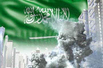 large smoke column in abstract city - concept of industrial blast or terroristic act on Saudi Arabia flag background, industrial 3D illustration