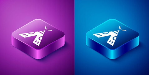 Isometric Traditional indian teepee or wigwam icon isolated on blue and purple background. Indian tent. Square button. Vector Illustration. © Kostiantyn