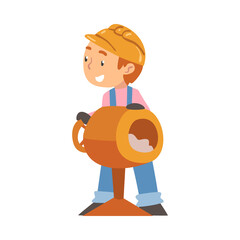 Boy Construction Worker and Concrete Mixer, Cute Little Builder Character Wearing Blue Overalls and Hard Hat with Professional Equipment Cartoon Style Vector Illustration