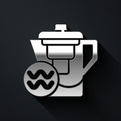 Silver Water jug with a filter icon isolated on black background. Long shadow style. Vector Illustration.